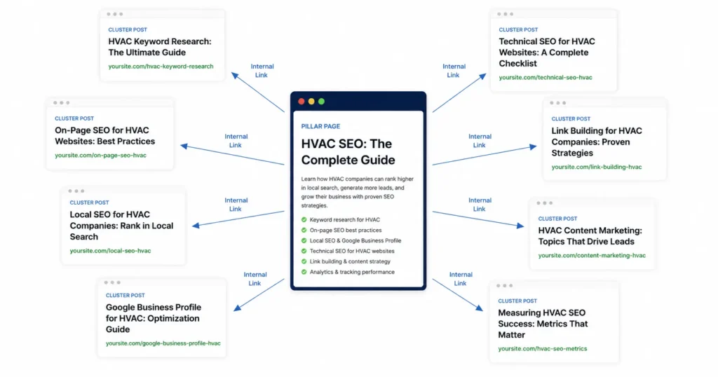 Illustrate a pillar-cluster architecture for HVAC SEO showing the pillar page at the center with 6–8 cluster posts radiating outward, each connected by internal links Illustrate a pillar-cluster architecture for HVAC SEO showing the pillar page at the center with 6–8 cluster posts radiating outward, each connected by internal links