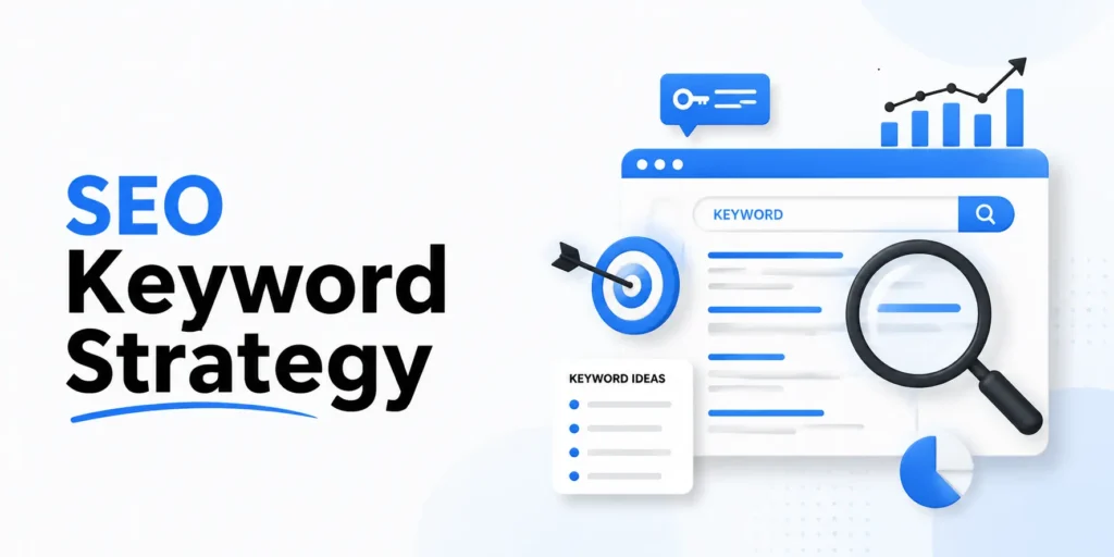 Diagram illustrating an SEO keyword strategy with keywords, search volume, and competition analysis.