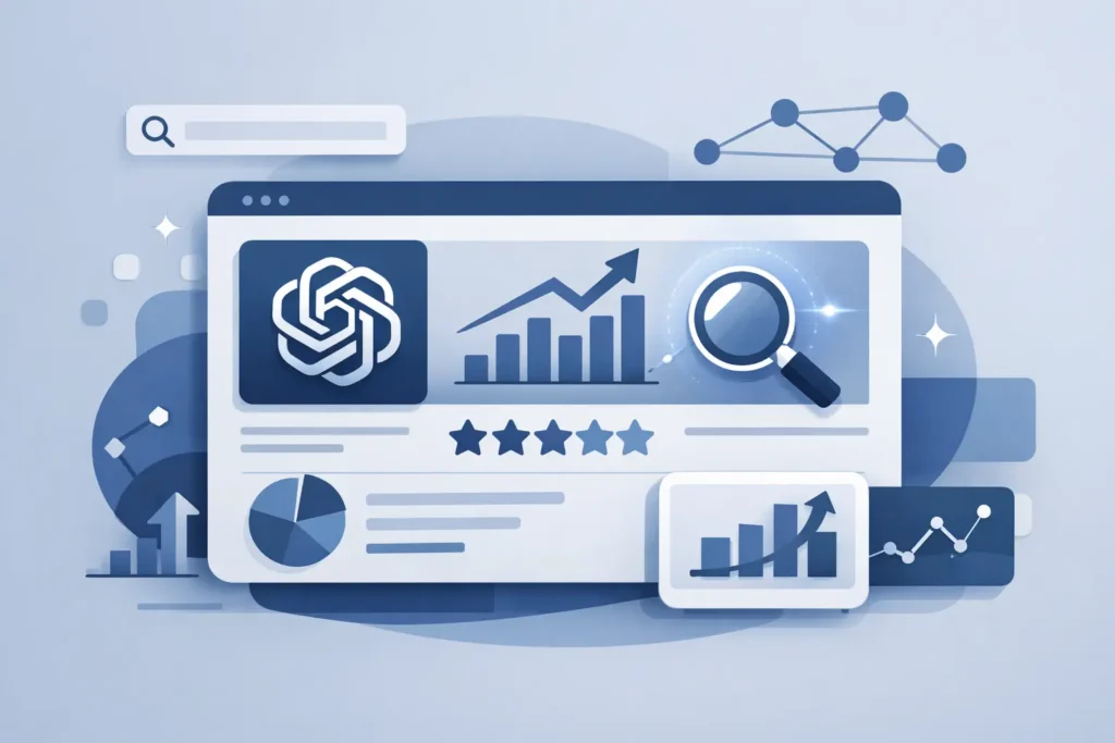 Modern flat-style illustration of a blue-toned SEO analytics dashboard representing ChatGPT search statistics, featuring growth charts, a magnifying glass with a glowing search signal, a central AI-style icon, layered UI cards, and subtle data visualization elements on a soft grey background.