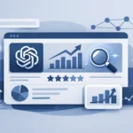 Modern flat-style illustration of a blue-toned SEO analytics dashboard representing ChatGPT search statistics, featuring growth charts, a magnifying glass with a glowing search signal, a central AI-style icon, layered UI cards, and subtle data visualization elements on a soft grey background.
