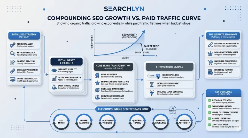 Compounding SEO growth vs. paid traffic curve — showing organic traffic growing exponentially while paid traffic flatlines when budget stops