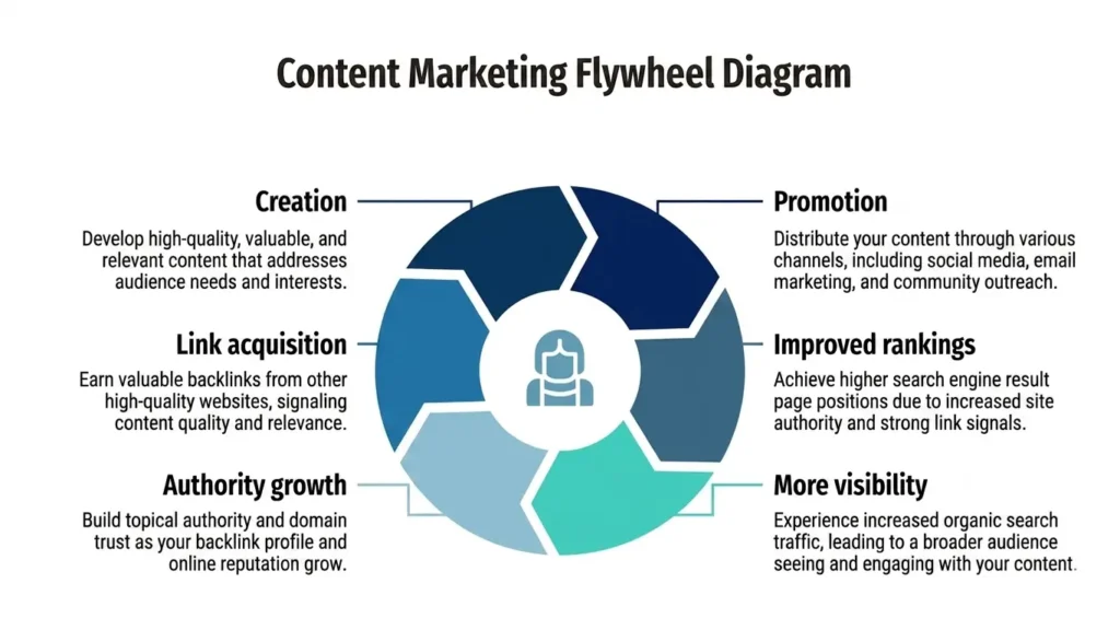 Content marketing flywheel diagram showing the cycle of creation → promotion → link acquisition → authority growth → improved rankings → more visibility