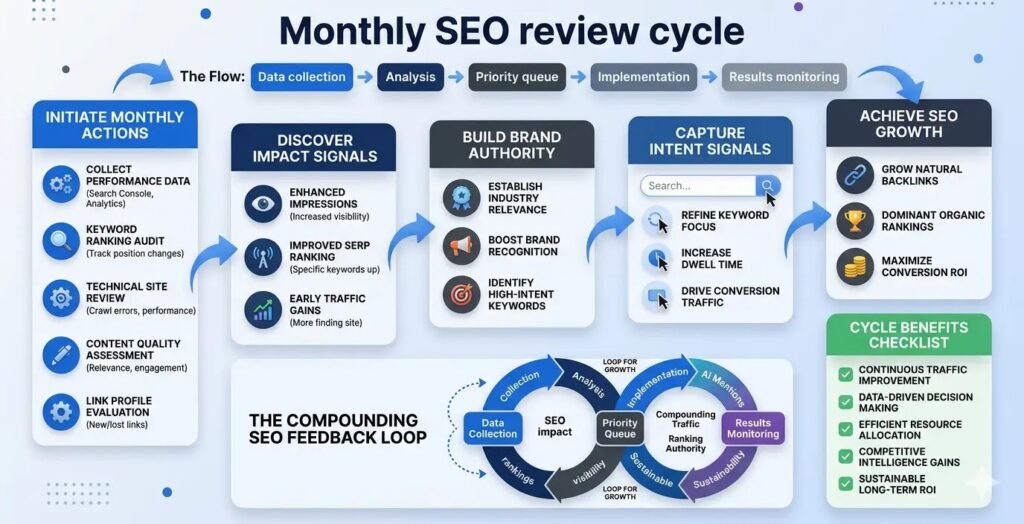 Monthly SEO review cycle — Data collection → Analysis → Priority queue → Implementation → Results monitoring