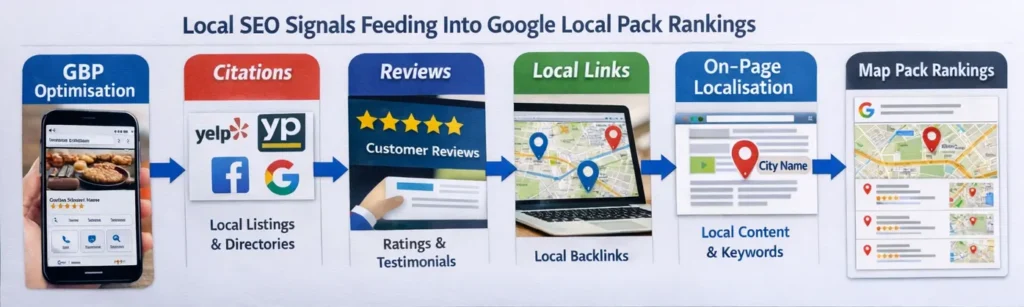 Visual map of local SEO signals feeding into Google Local Pack rankings — GBP optimisation → Citations → Reviews → Local Links → On-page localisation → Map Pack position