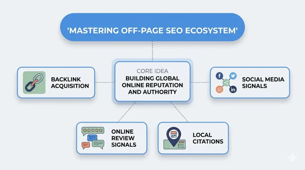 Visual showing the off-page SEO ecosystem — website at center, with radial connections to backlinks, social media, local citations, reviews, influencers, and brand mentions