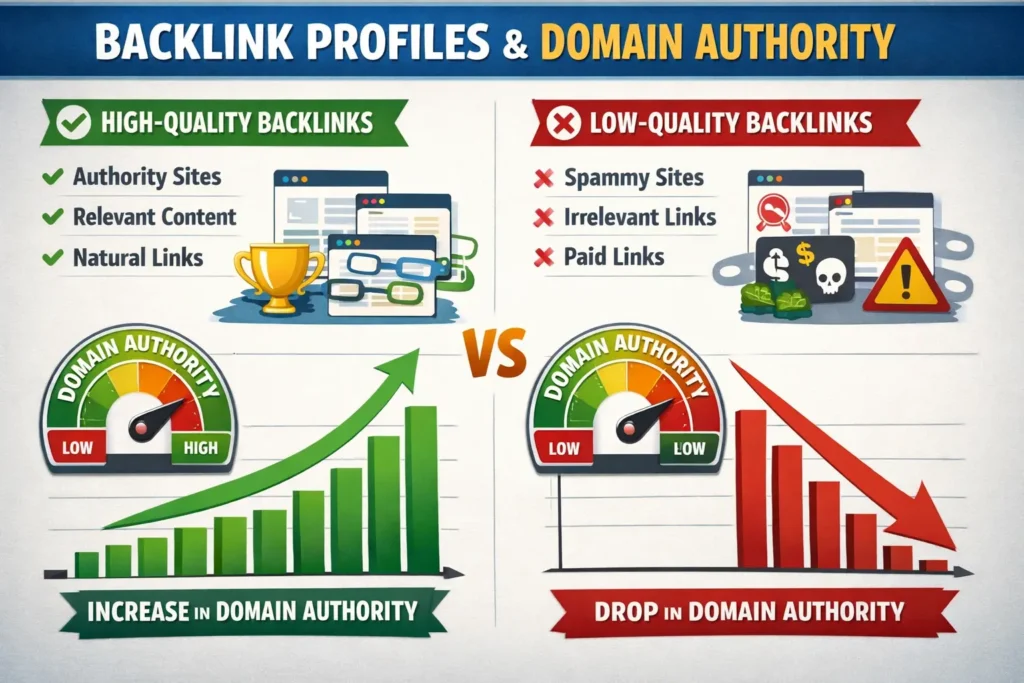 Chart comparing high-quality vs low-quality backlink profiles and their effect on domain authority