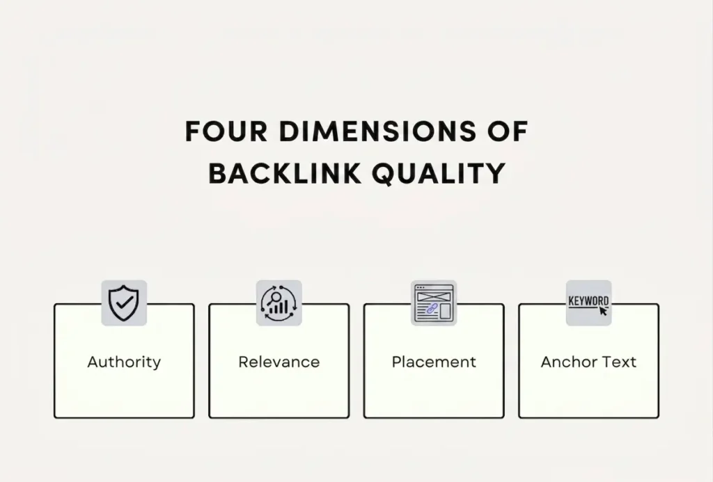 Diagram showing four dimensions of backlink quality: authority, relevance, placement, and anchor text