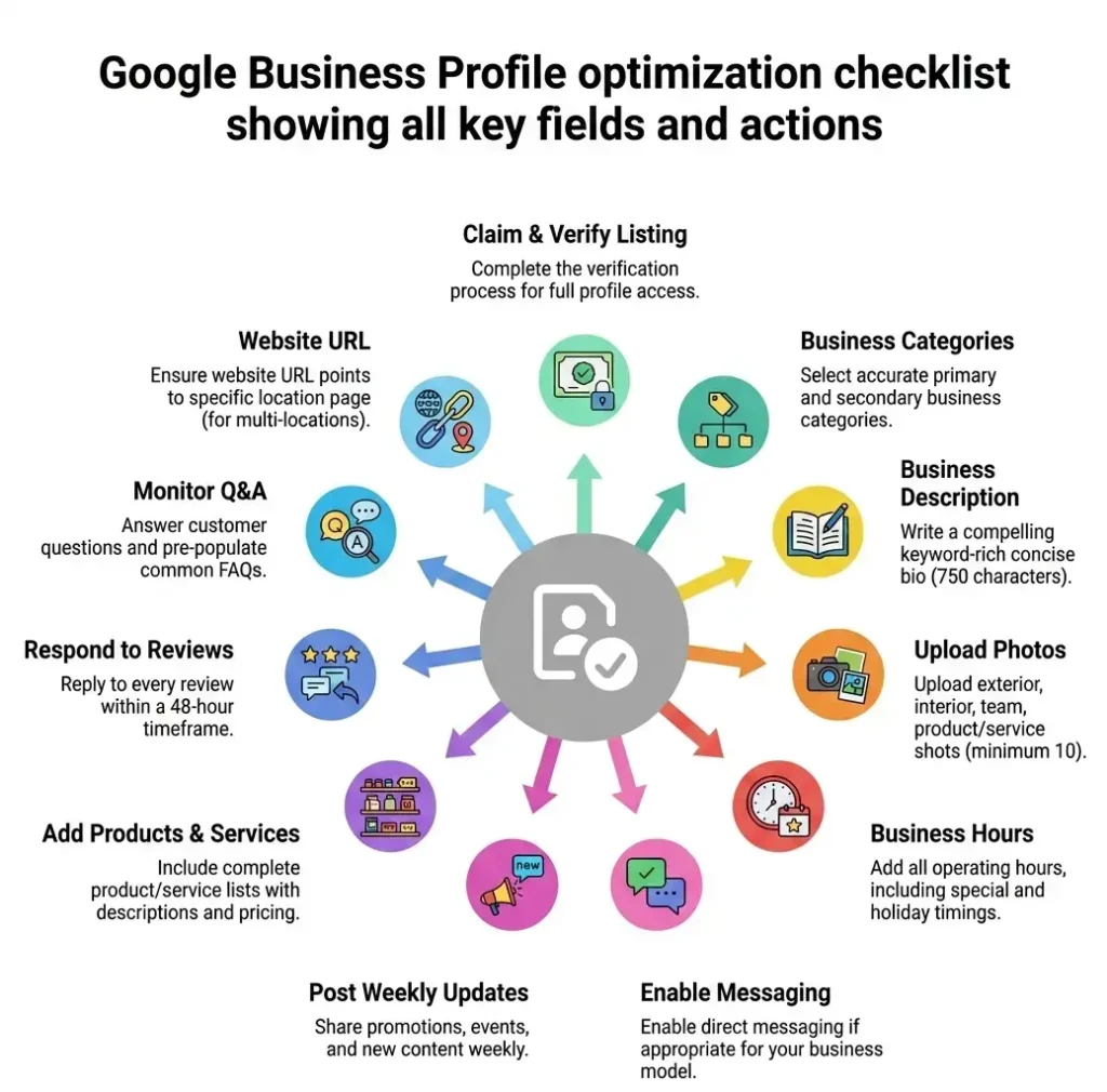 Google Business Profile optimization checklist showing all key fields and actions