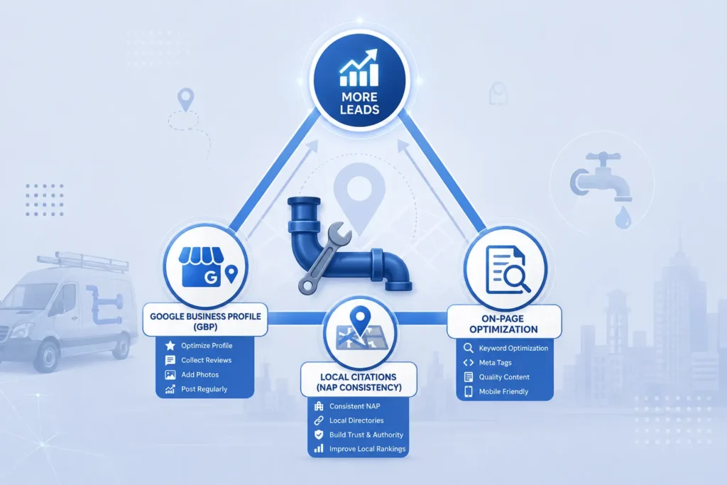 The three pillars of local SEO for plumbers The three pillars of local SEO for plumbers — GBP, On-Page Optimization, and Local Citations — shown as a triangle with "More Leads" at the apex