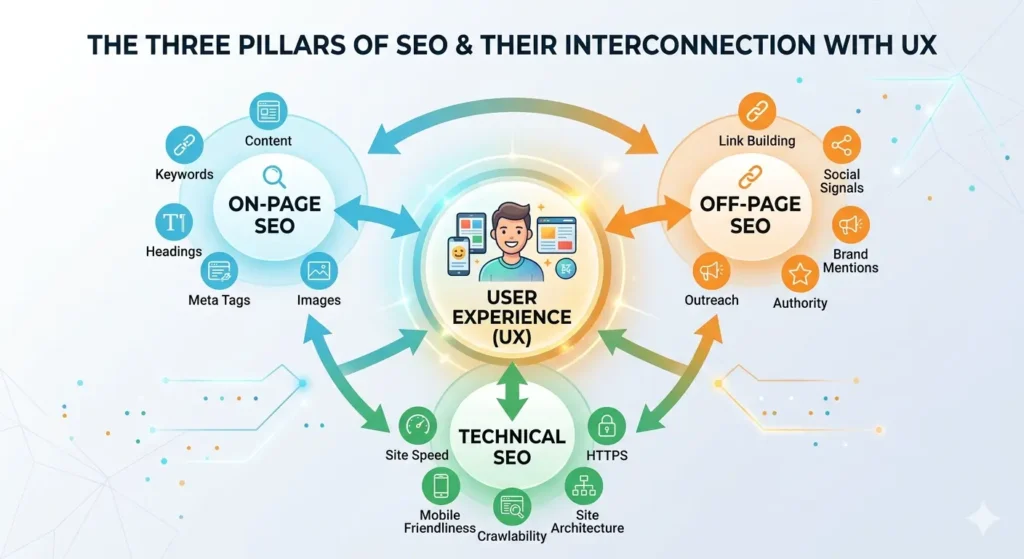INFOGRAPHIC: Visual showing the three pillars of SEO (On-Page, Off-Page, Technical) interconnected with UX at the center