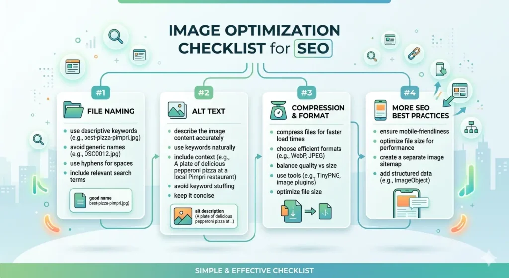 Image optimization checklist for SEO including file naming, alt text, and compression