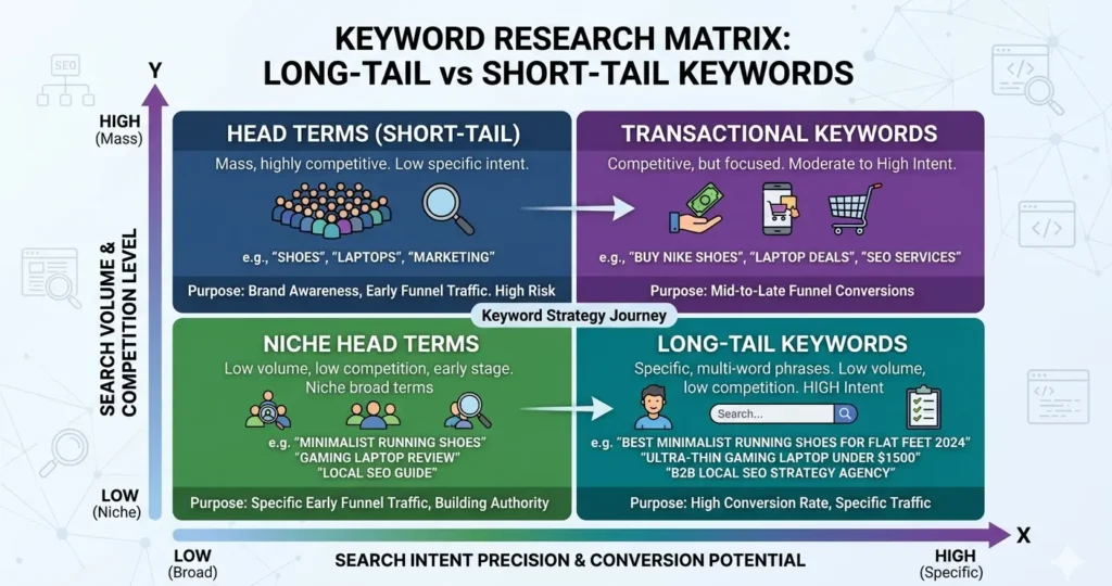  Long-tail vs short-tail keyword research matrix for SEO strategy