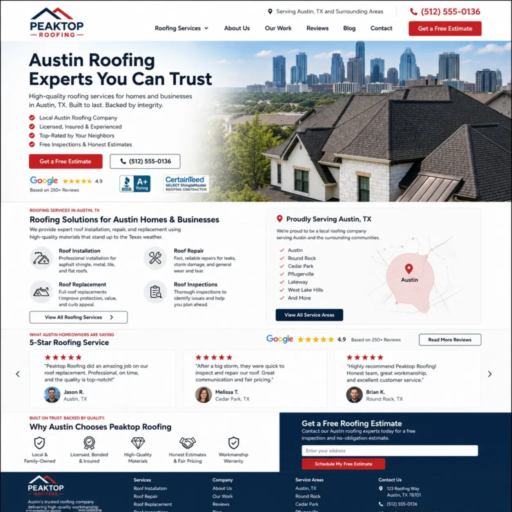 Example of a well-optimized roofing location landing page with proper structure