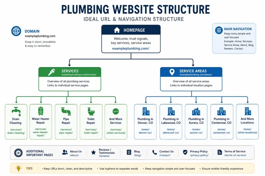 plumbing-website-structure-diagram Diagram showing a plumbing website's ideal URL and navigation structure with homepage linking to service pages and location pages
