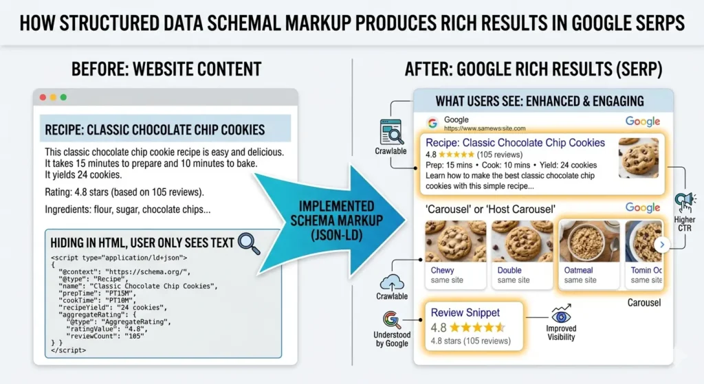 Example of structured data schema markup producing rich results in Google SERPs