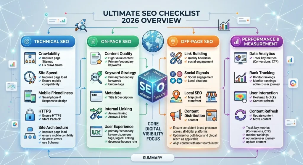 Ultimate SEO checklist 2026 overview showing all major SEO pillars