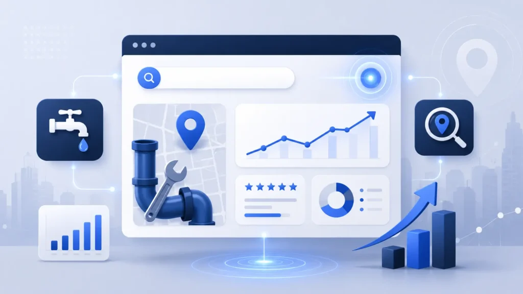 seo-for-plumbers-complete-guide-hero Plumber reviewing SEO rankings on a laptop next to a toolbox