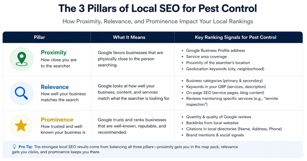 Diagram showing the three local SEO pillars — Proximity (map pin), Relevance (keyword match icons), Prominence (star ratings, backlinks, citations) — mapped against pest control ranking signals