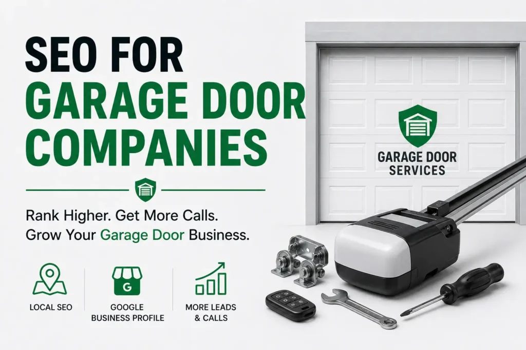 A visual representation of Garage Door SEO strategies for garage door companies, featuring charts, keywords, and company branding elements.
