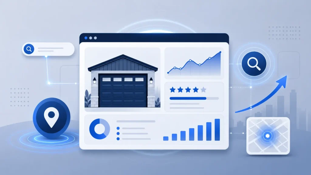 Garage Door SEO A visual representation of Garage Door SEO strategies for garage door companies, featuring charts, keywords, and company branding elements.
