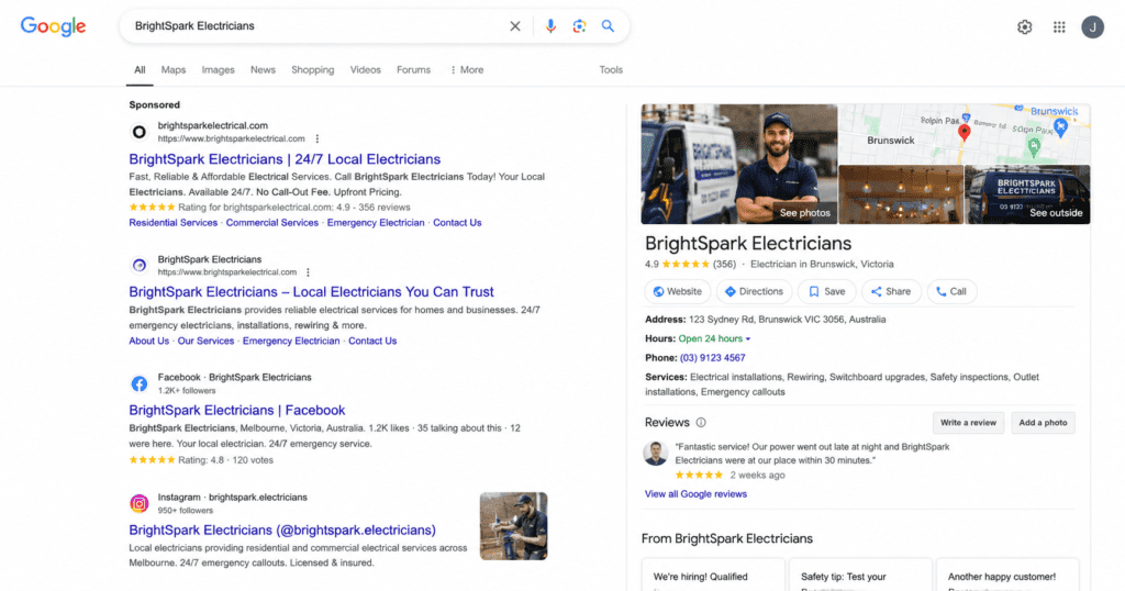 IMAGE google-business-profile-electrician-optimized.png Alt Fully optimized Google Business Profile for an electrician with photos, reviews, and posts