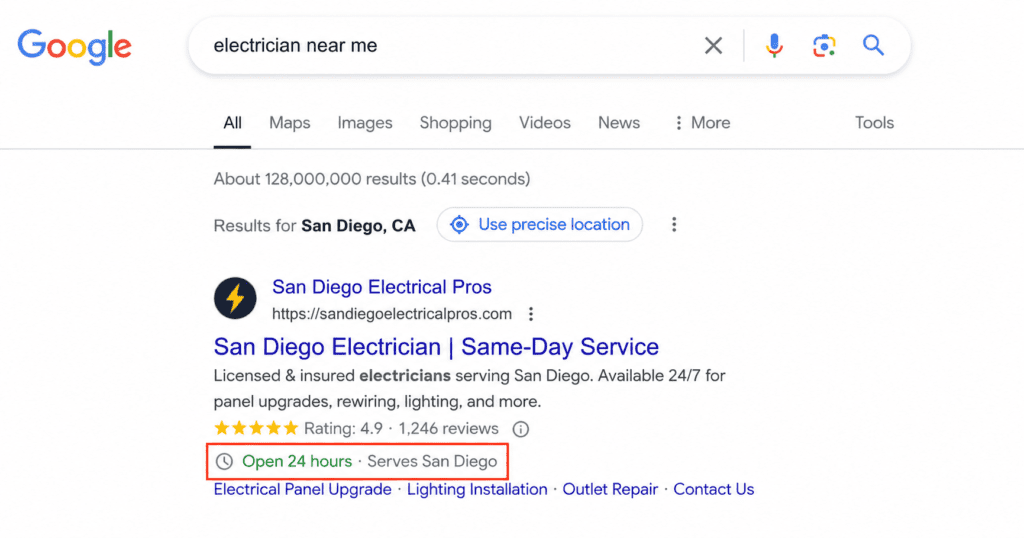 IMAGE schema-rich-result-electrician-google.png Alt Google search result showing star rating and business hours for an electrician from schema markup