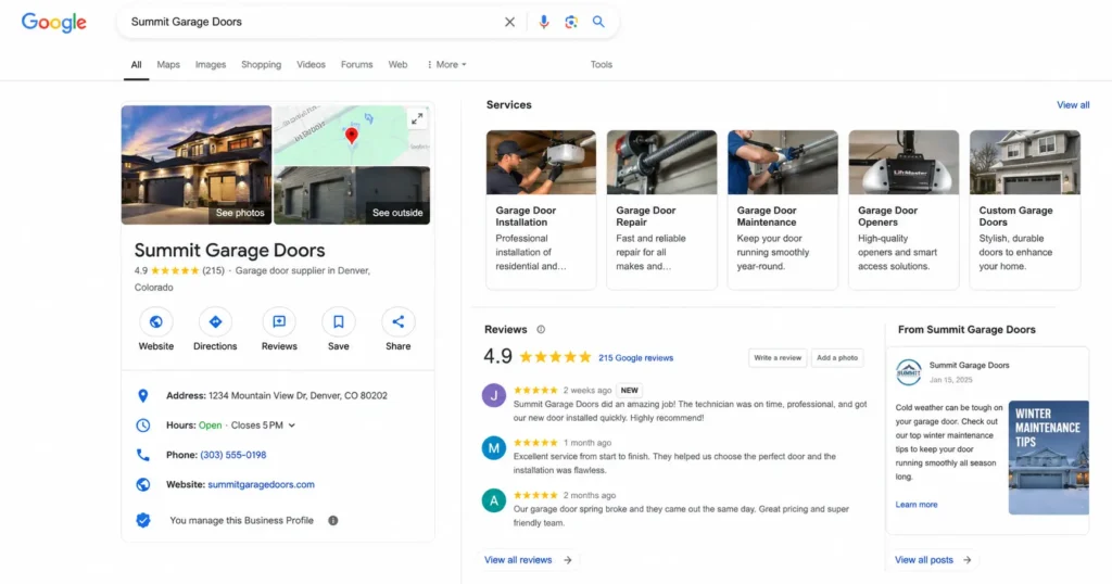 google-business-profile-garage-door-optimization Optimized Google Business Profile for a garage door company showing services, reviews, and posts