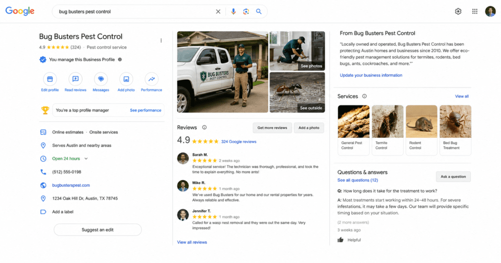 Fully optimized Google Business Profile for a pest control company showing photos, reviews, service attributes, and Q&A section