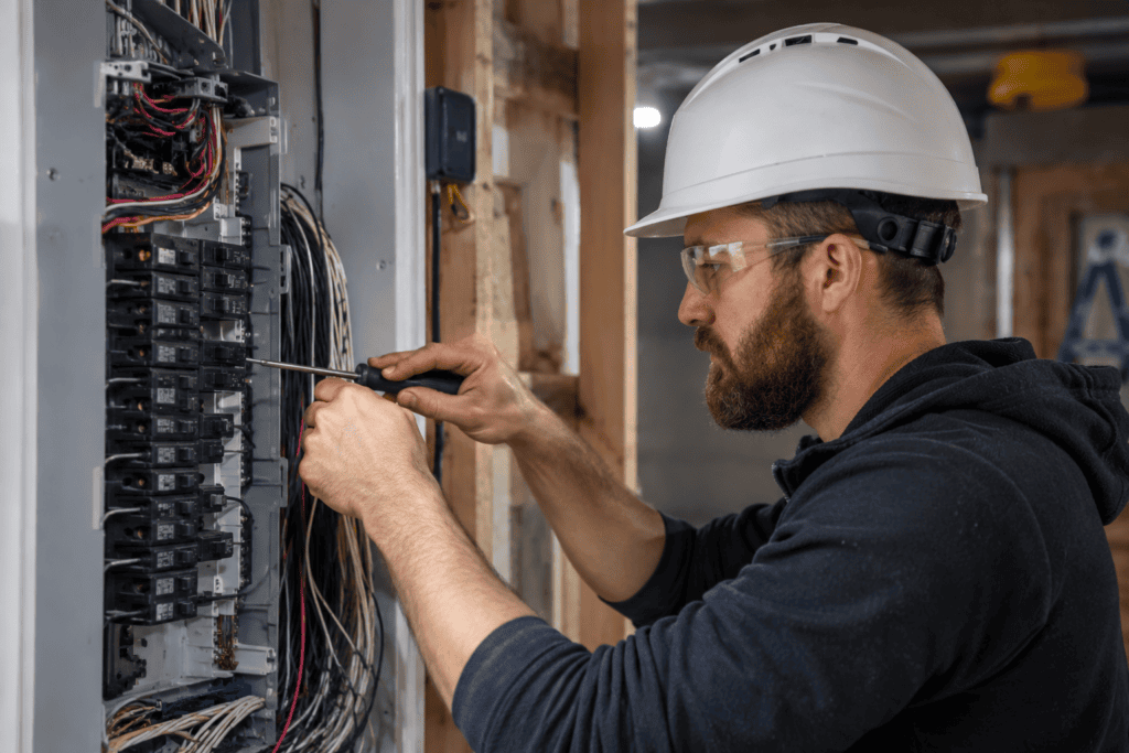 A worker in a hard hat and helmet is engaged in maintenance on an electrical panel.