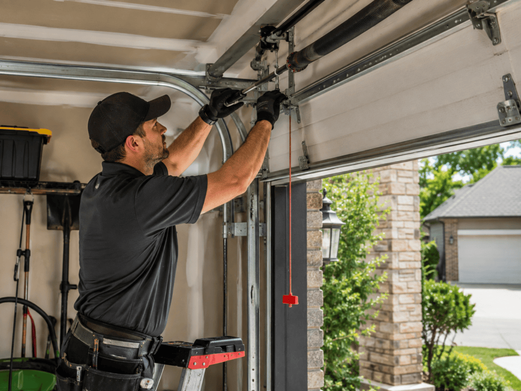  A technician repairing a garage door in Maryland, using tools and equipment to ensure proper functionality.