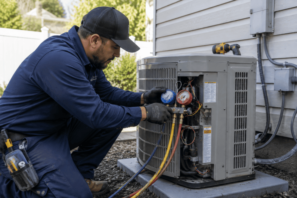 Technician repairing an air conditioning unit in a Maryland home, tools and equipment visible.