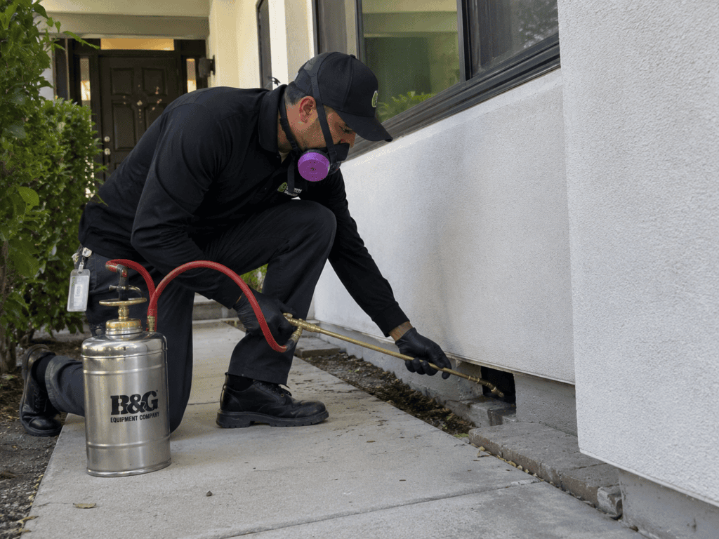 A man in a black shirt and pants sprays pest control on the exterior of a house.