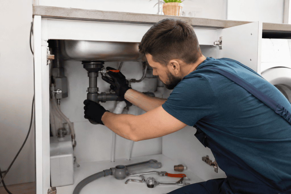 A man is engaged in fixing a kitchen sink, surrounded by tools and plumbing parts, demonstrating home maintenance skills.